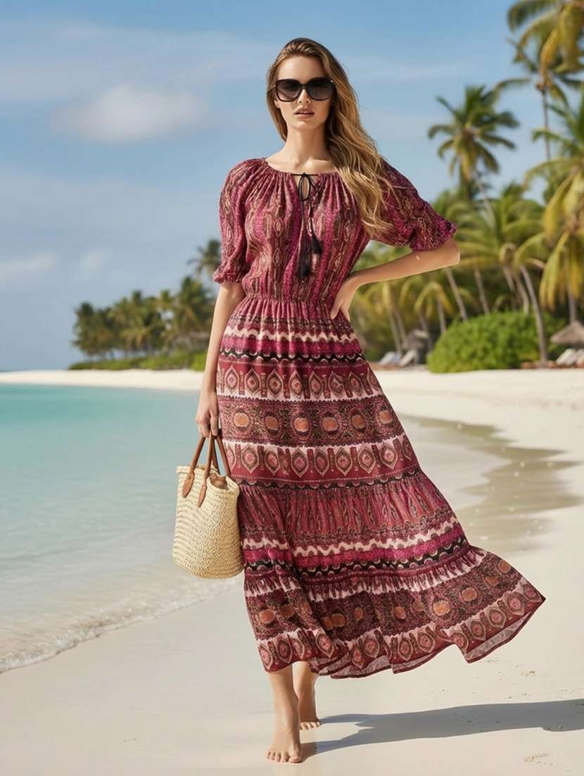 women printed maxi tie-up neck tiered dress