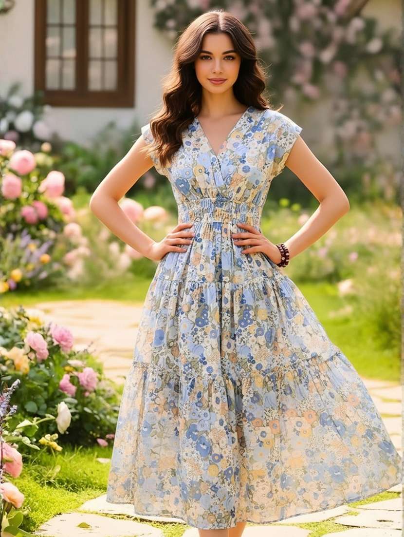 women floral cotton tiered dress v neck