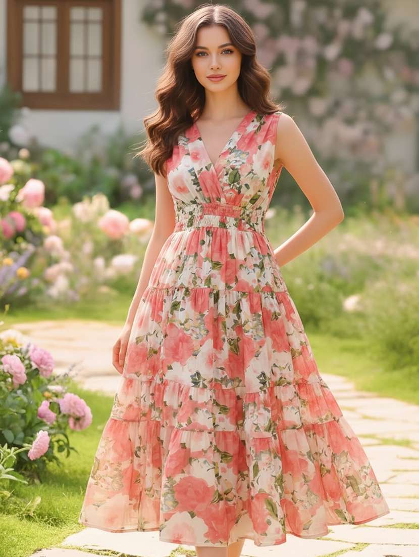 women floral tiered v neck cotton dress