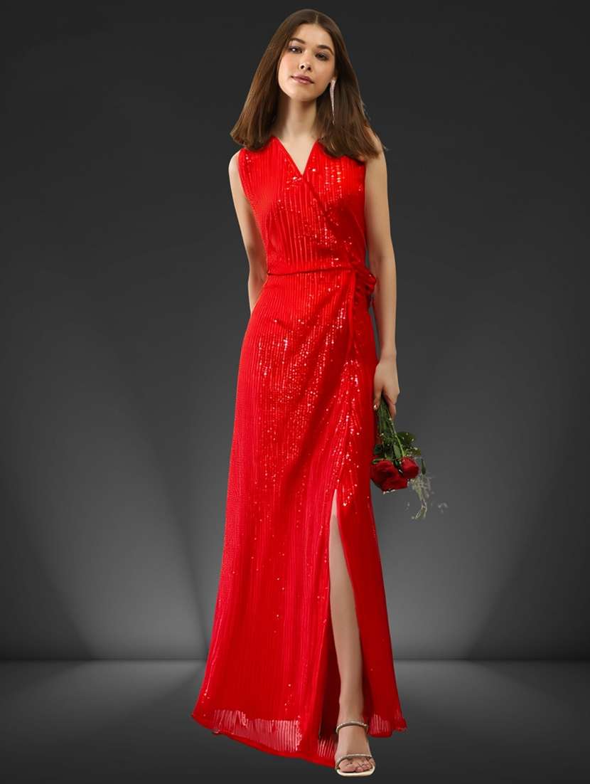 women red polyester wrap dress with sequin