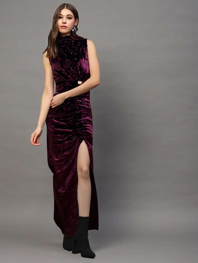 women solid burgundy bodycon high neck dress
