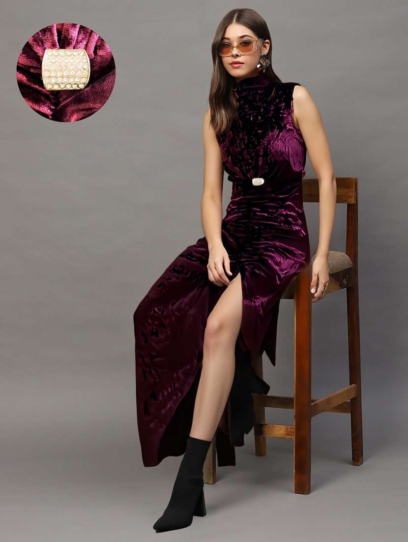 women solid burgundy bodycon high neck dress - 22453511 -  Standard Image - 3