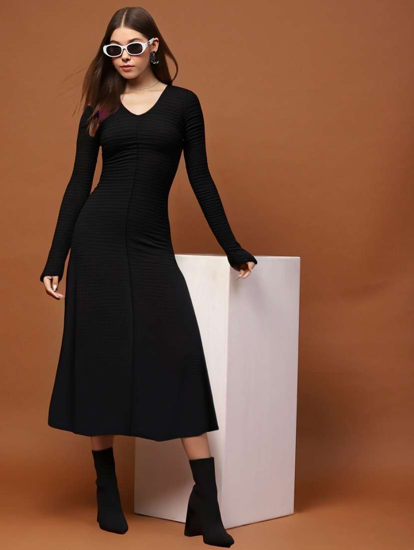 women black a-line solid polyester midi dress