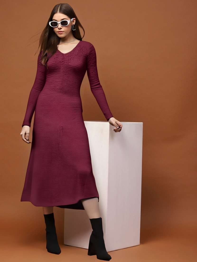women solids a-line long sleeves dress