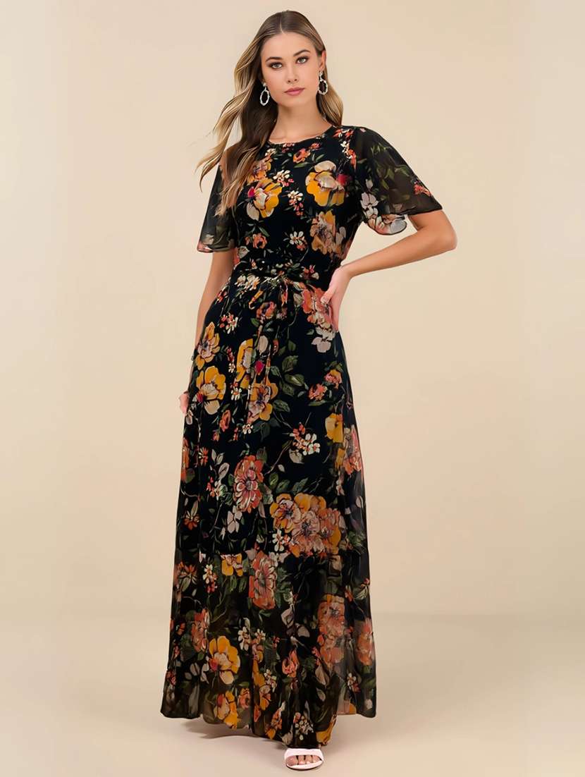 women floral black polyester fit & flare dress
