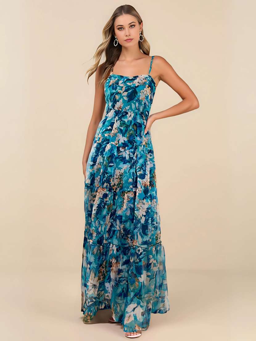 women floral print tiered shoulder strap maxi dress