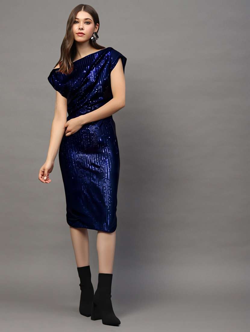 women navy blue polyester blend bodycon dress