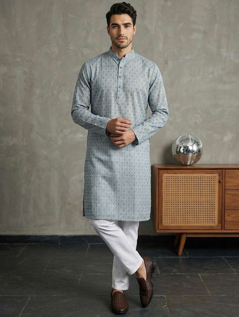 men printed mandarin neck long kurta - 22453636 -  Standard Image - 3