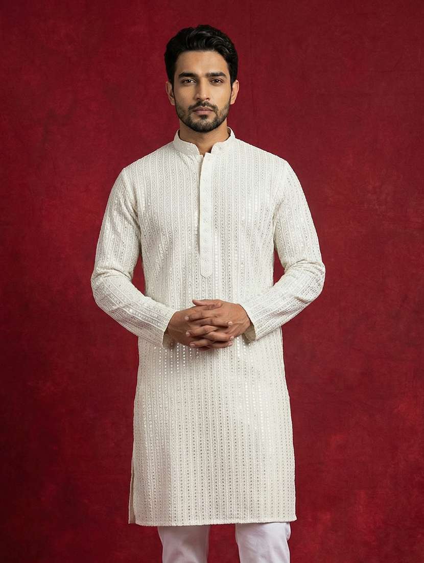 men solid with work mandarin neck long kurta