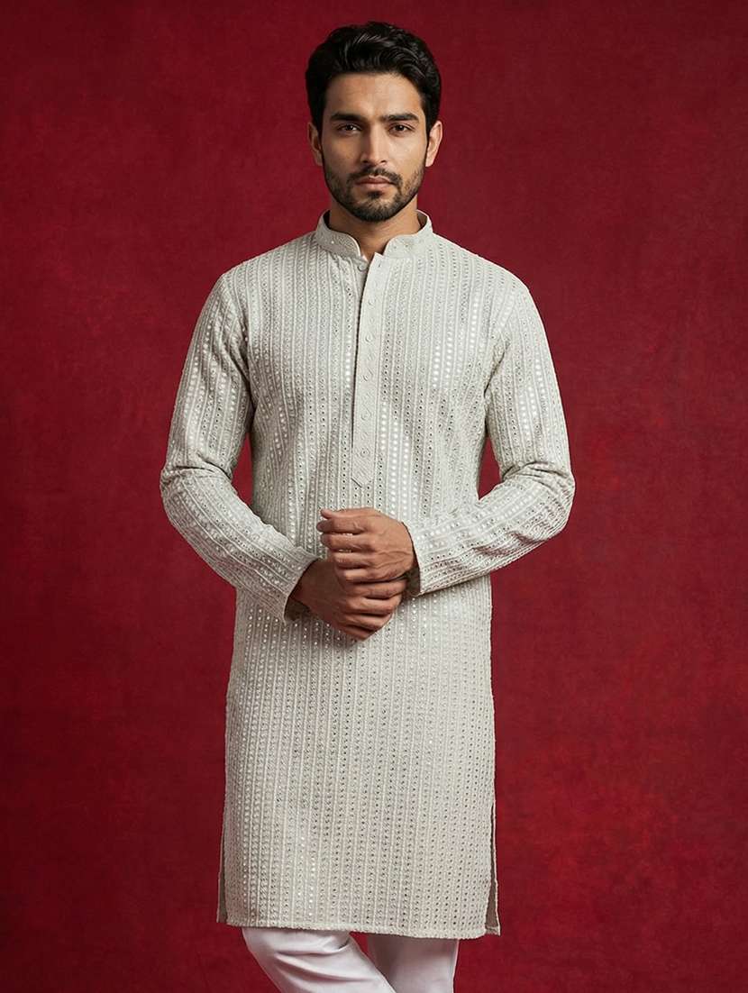 men solid with work mandarin neck long kurta - 22453637 -  Standard Image - 3