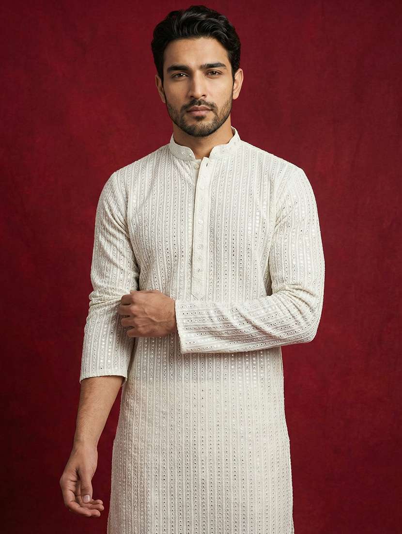 men solid with work mandarin neck long kurta - 22453637 -  Standard Image - 5