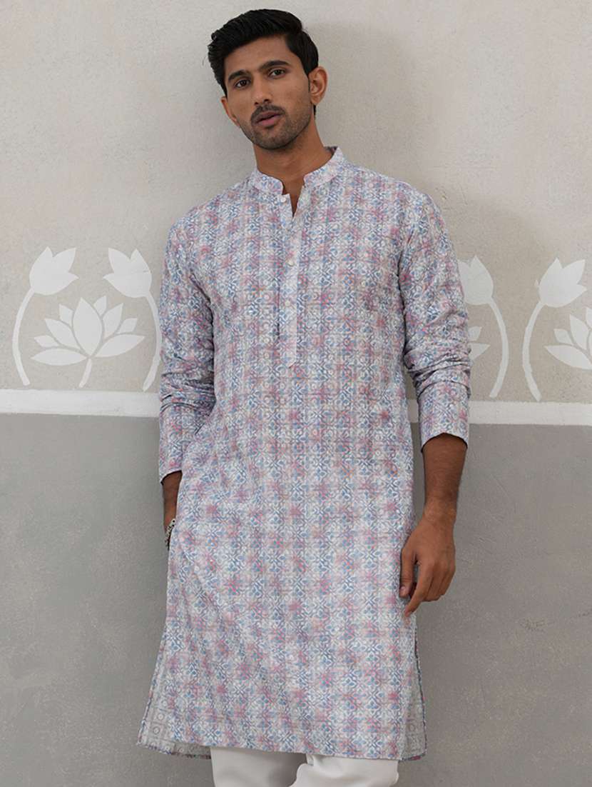 men printed mandarin neck long kurta