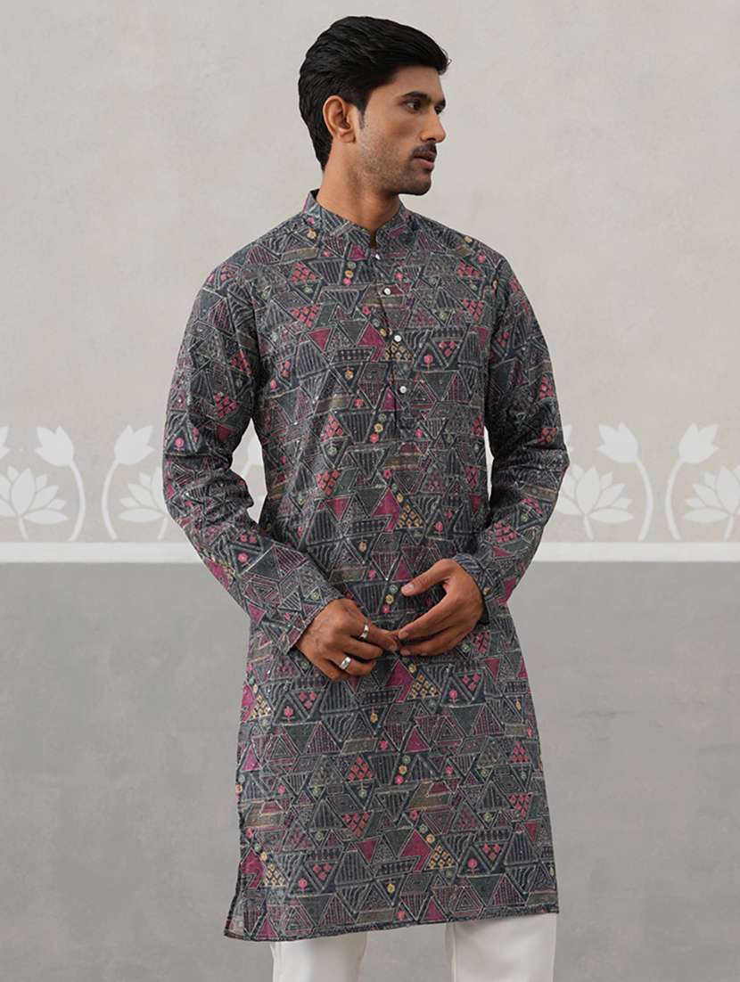 men printed mandarin neck long kurta