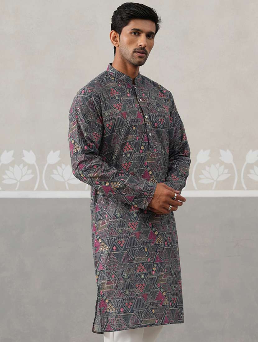 men printed mandarin neck long kurta - 22453644 -  Standard Image - 3