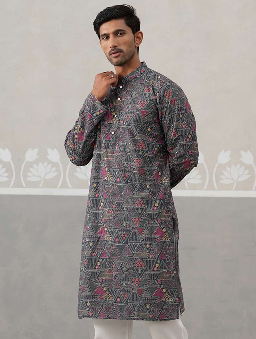 men printed mandarin neck long kurta - 22453644 -  Standard Image - 5