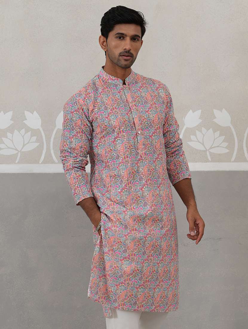 men printed mandarin neck long kurta