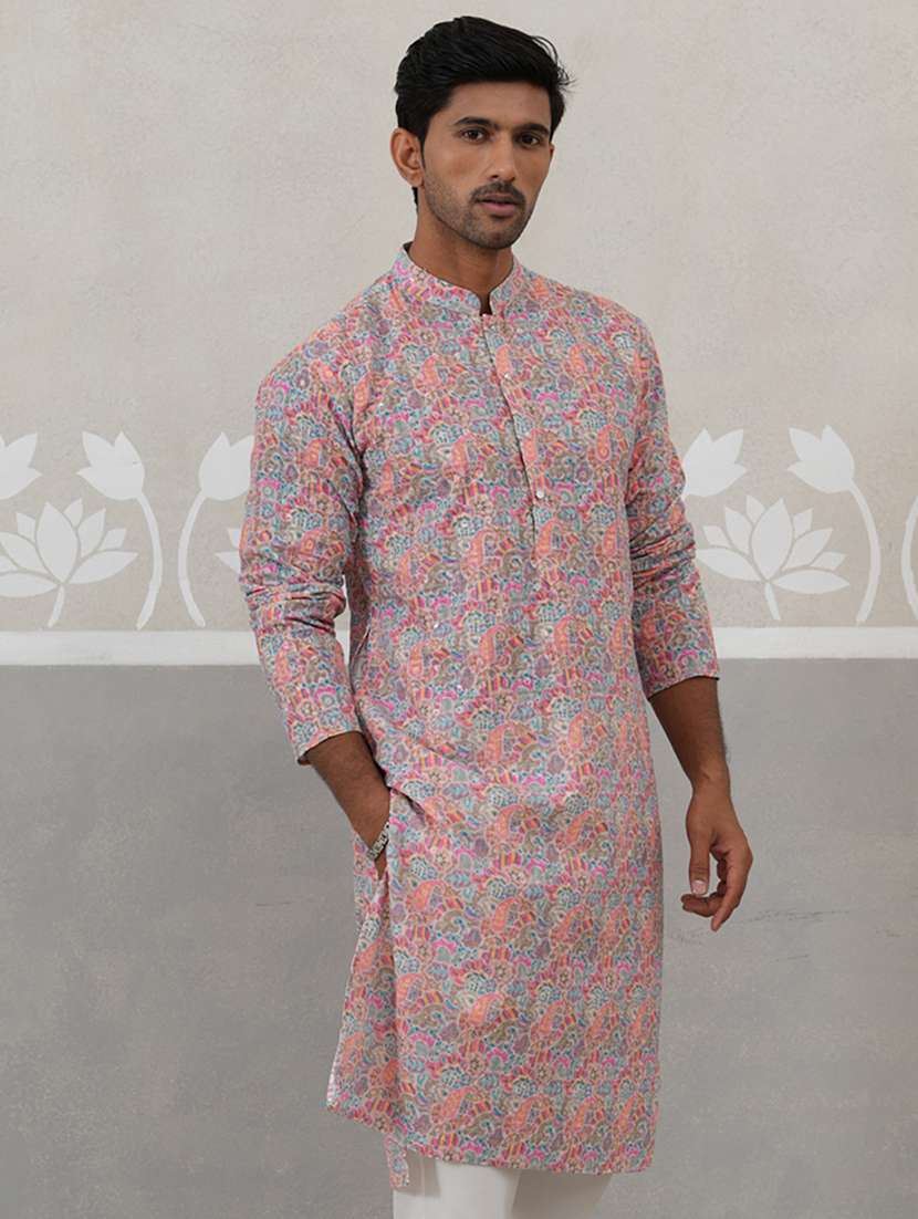 men printed mandarin neck long kurta - 22453645 -  Standard Image - 3