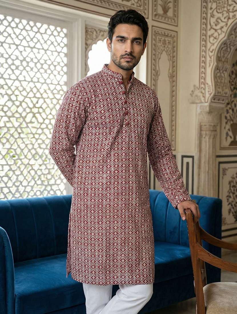 men solid with work mandarin neck long kurta