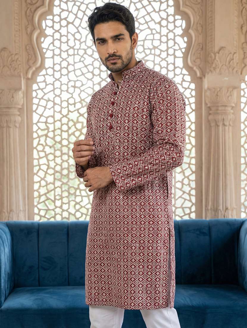 men solid with work mandarin neck long kurta - 22453649 -  Standard Image - 3