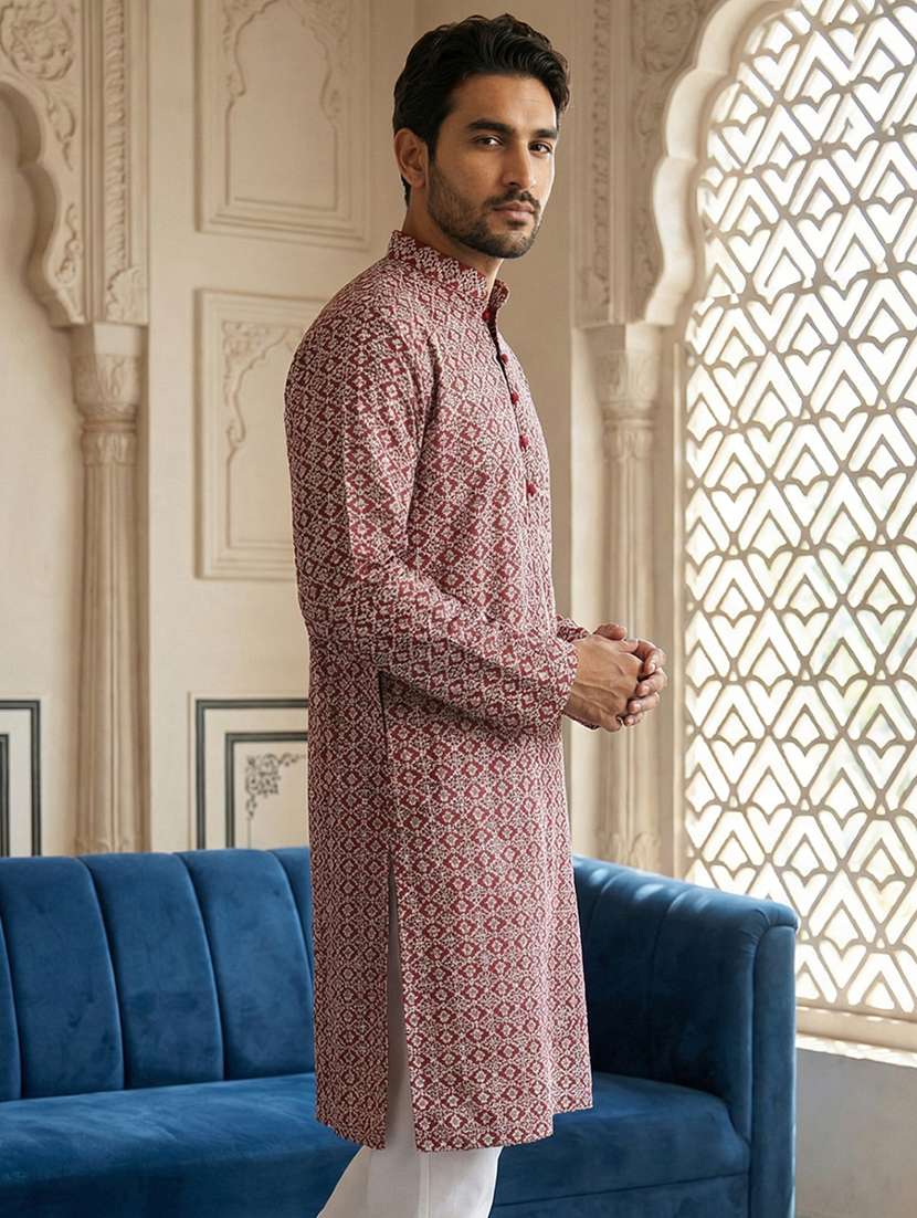 men solid with work mandarin neck long kurta - 22453649 -  Standard Image - 5