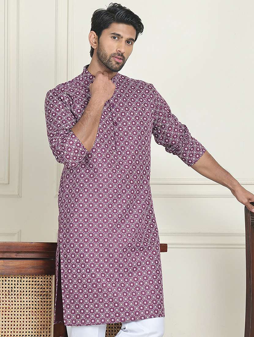 men printed mandarin neck long kurta