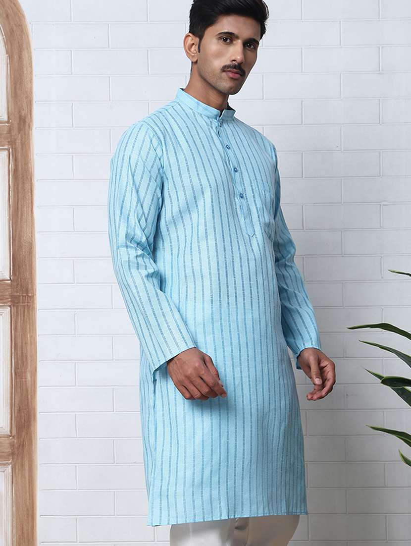 Men Striped Mandarin Neck Long Kurta - 22453654 -  Standard Image - 3