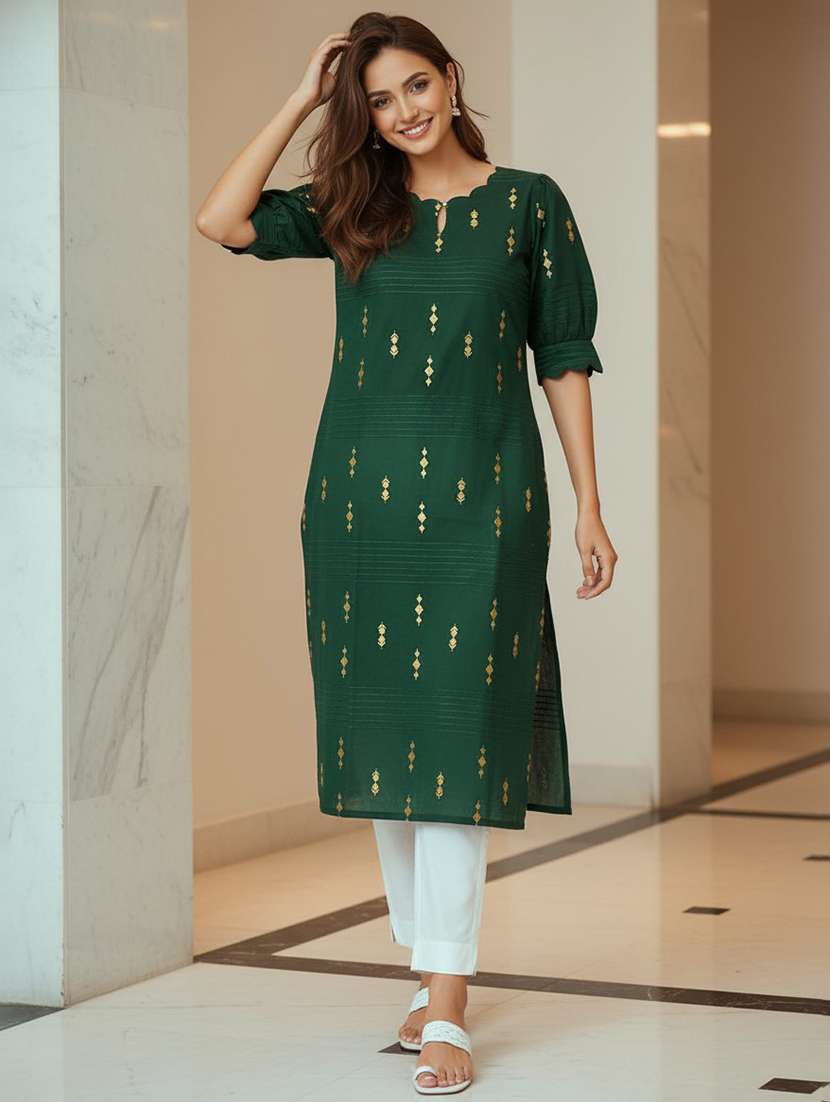 women green silk straight kurta