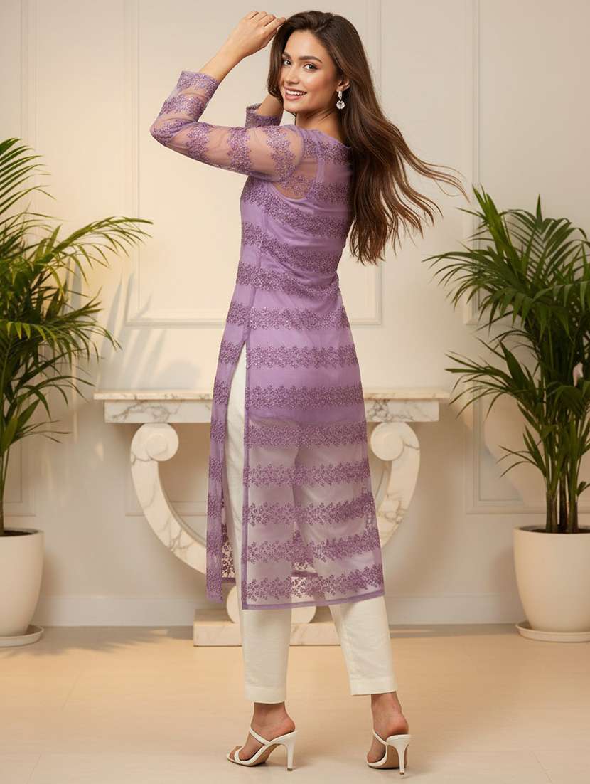women lavender net straight kurta - 22453780 -  Standard Image - 3