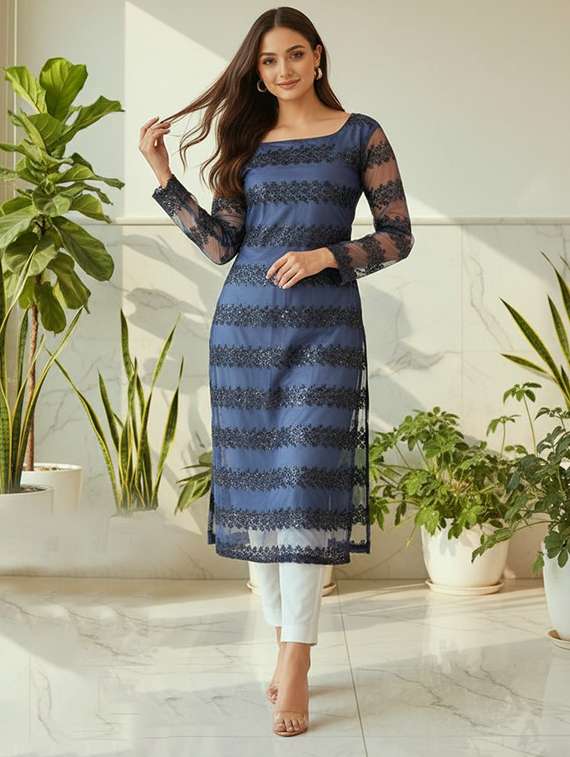 women blue net straight kurta