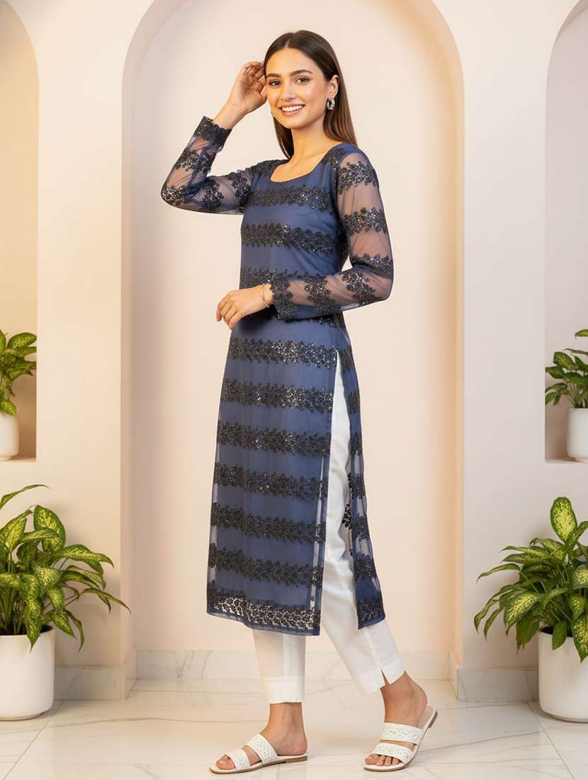 women blue net straight kurta - 22453781 -  Standard Image - 3