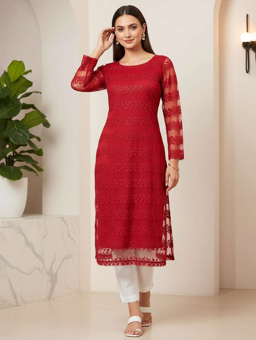 women red net straight kurta