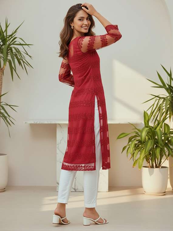 women red net straight kurta - 22453782 -  Standard Image - 3
