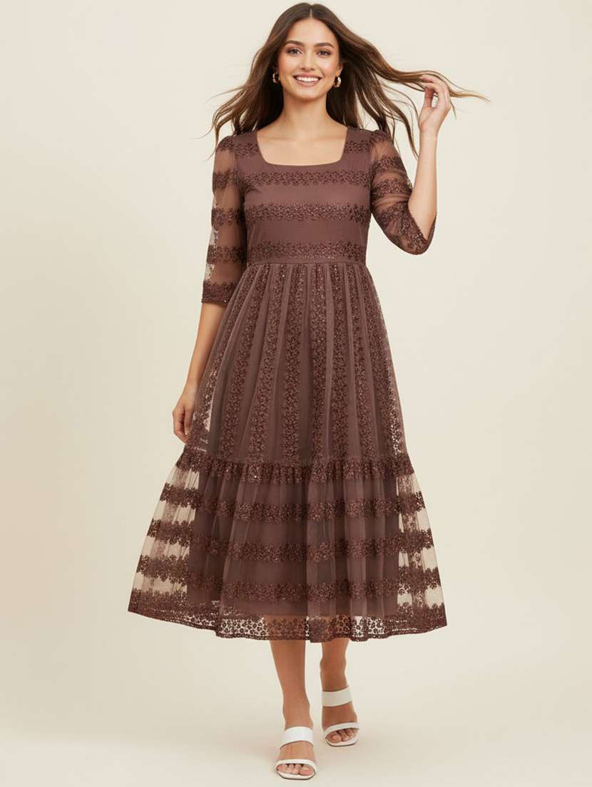 women brown net fit & flare dress