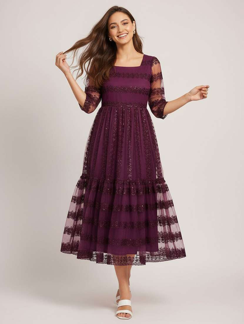 women burgundy net fit & flare dress