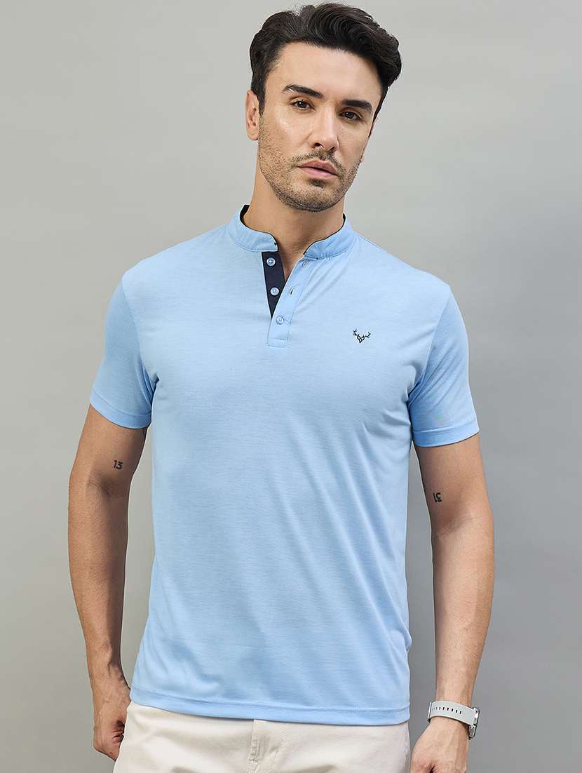 men light blue cotton blend plain t-shirt