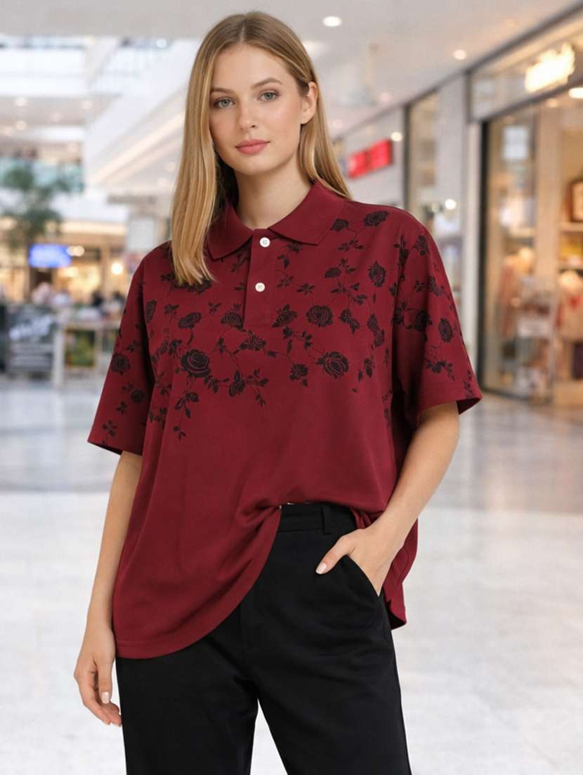 women printed short sleeve oversized polo t-shirt
