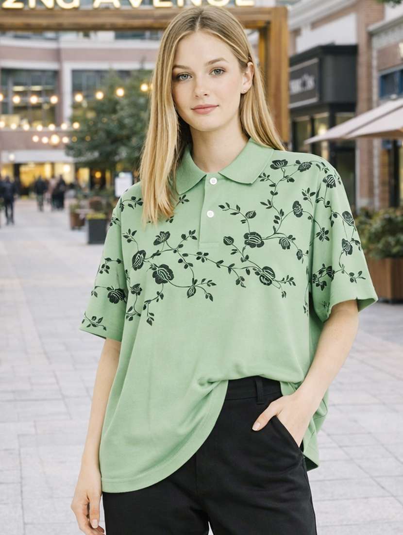 women printed short sleeve oversized polo t-shirt