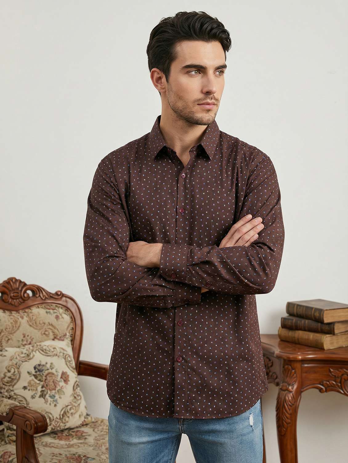 men printed long sleeve regular fit casual shirt