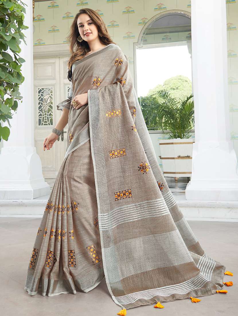 women solid with work embroidered saree with blouse