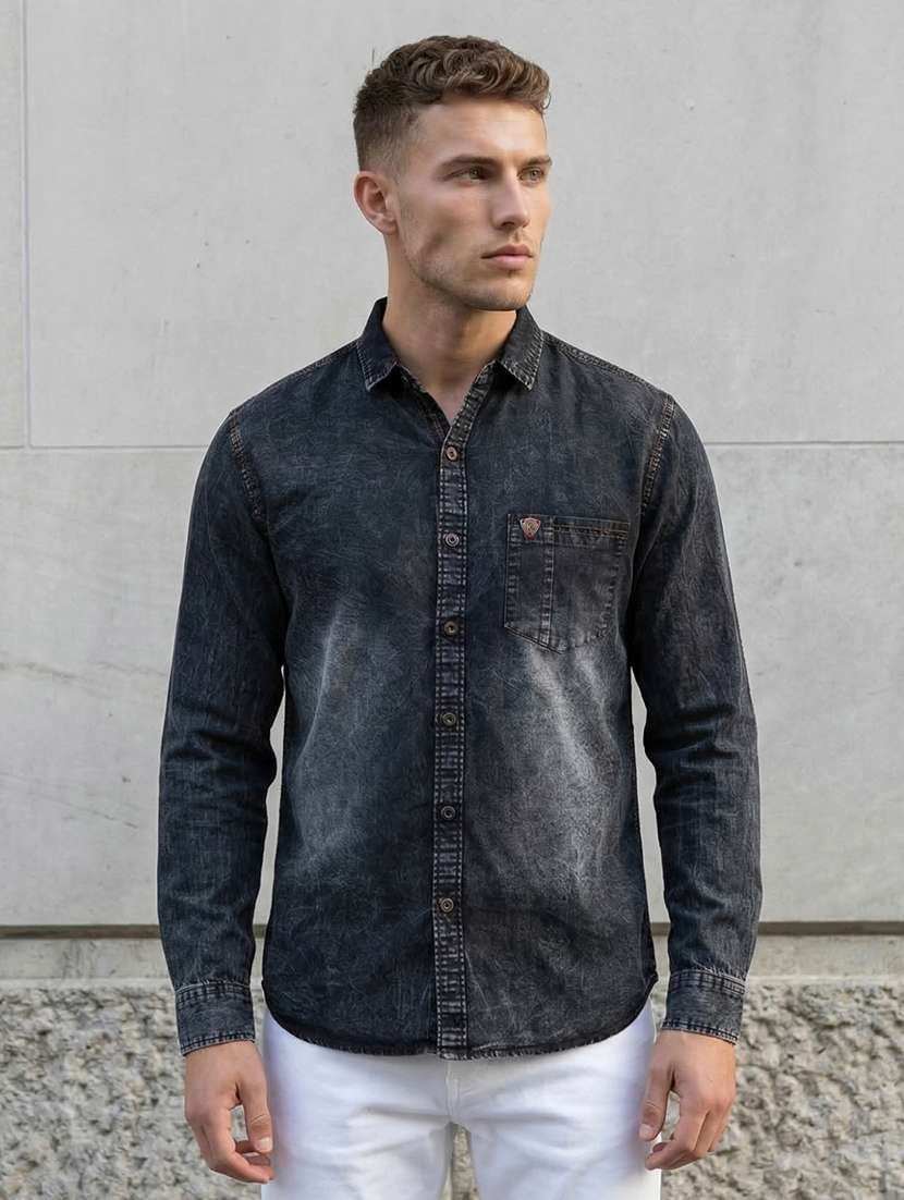 men solid long sleeve regular fit denim shirt