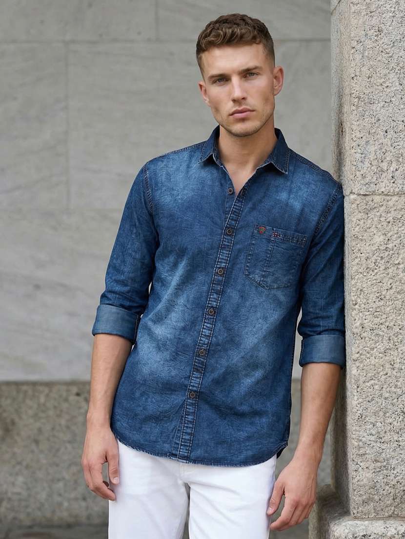 men solid long sleeve regular fit denim shirt - 22453921 -  Standard Image - 3