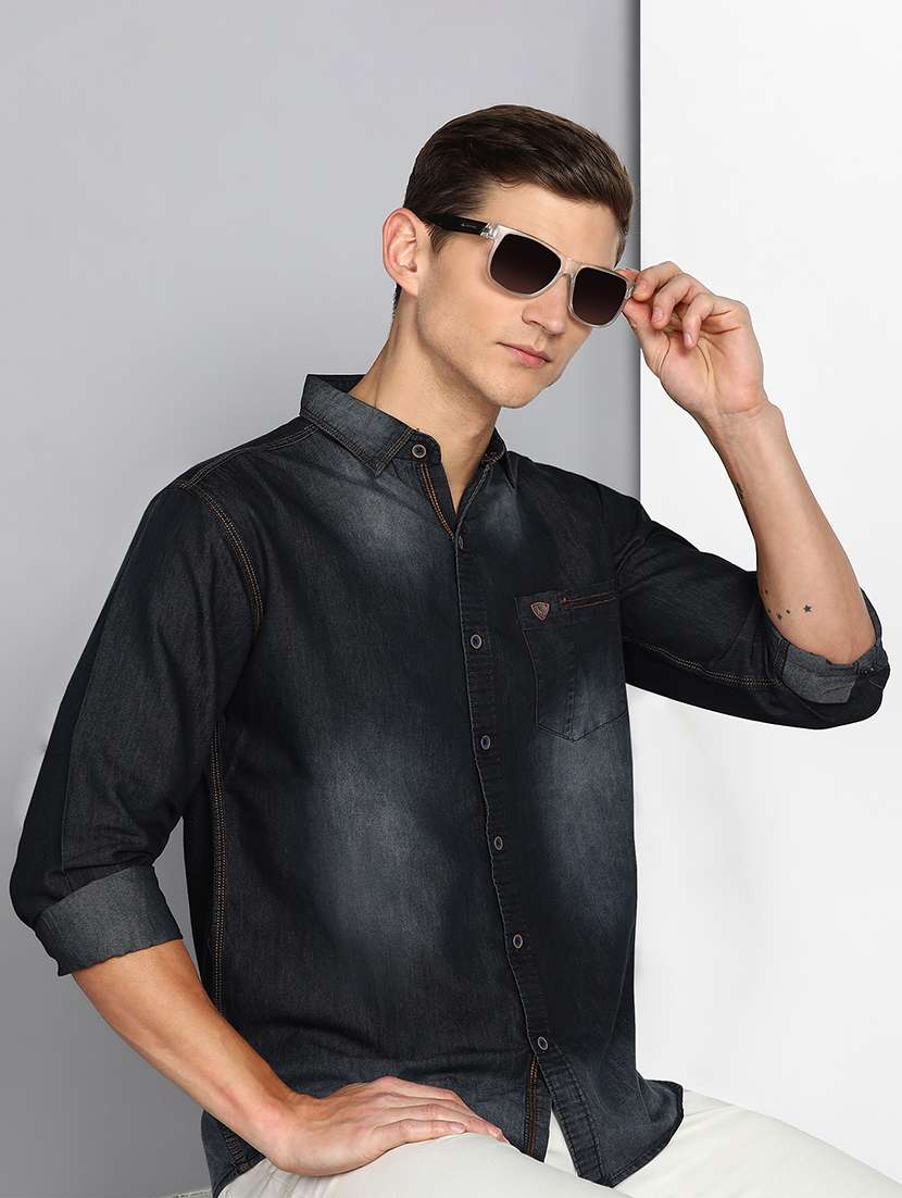 men solid long sleeve regular fit denim shirt