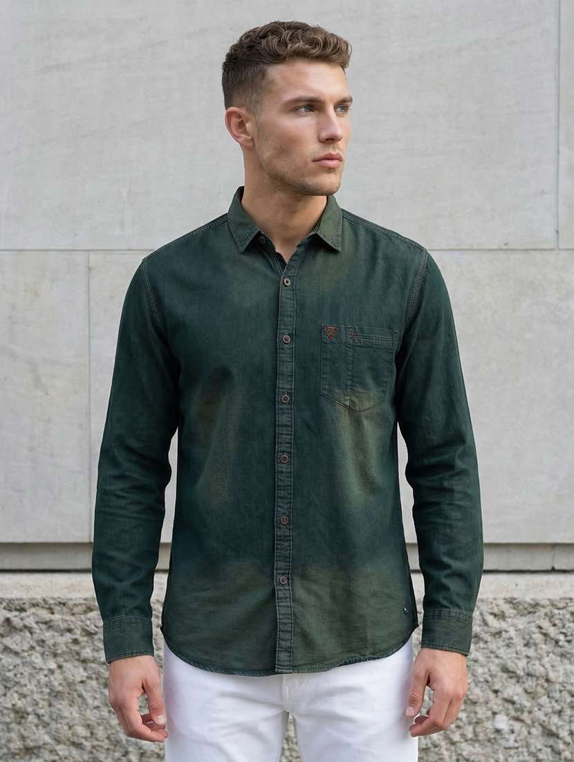 men solid long sleeve regular fit denim shirt