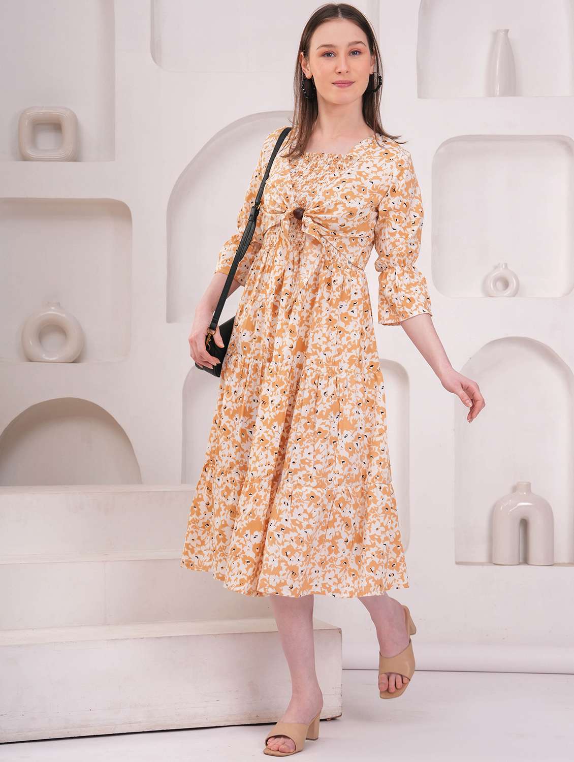 women orange crepe gown dress