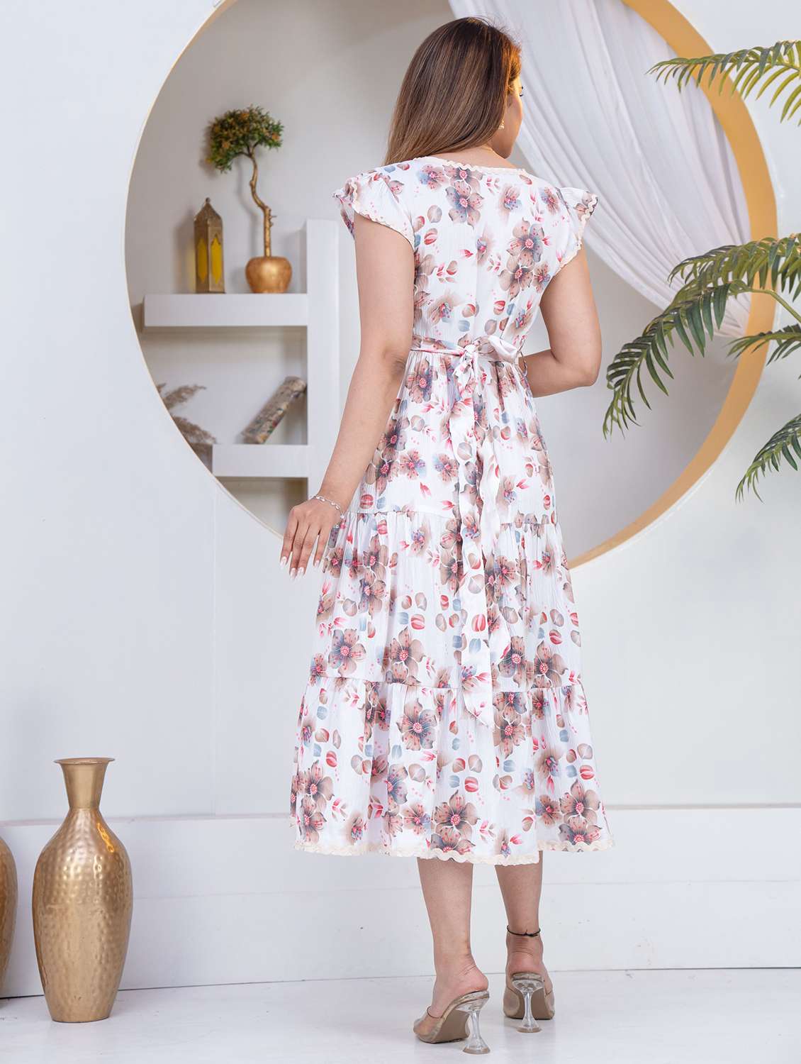 women floral v-neck tiered midi dress belted - 22453929 -  Standard Image - 3