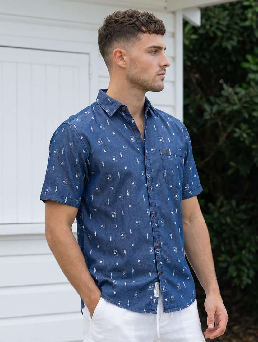 men printed short sleeve regular fit denim shirt - 22453936 -  Standard Image - 3