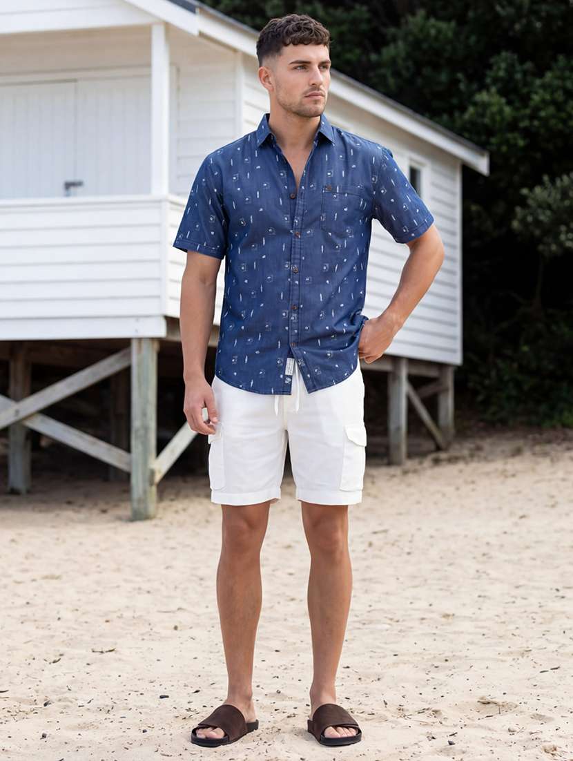 men printed short sleeve regular fit denim shirt - 22453936 -  Standard Image - 5