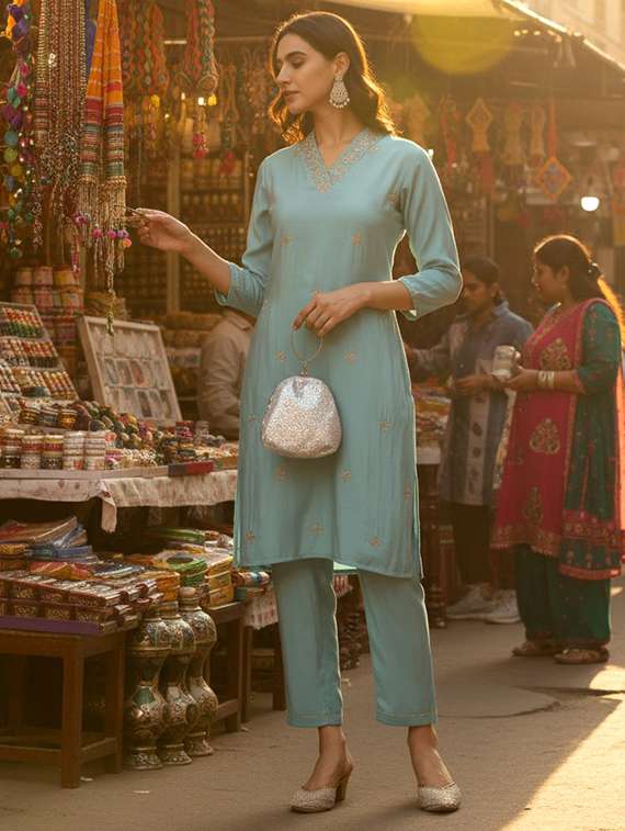 women light blue kurta pant set