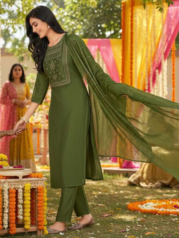 women self design green suit set - 22453941 -  Standard Image - 5