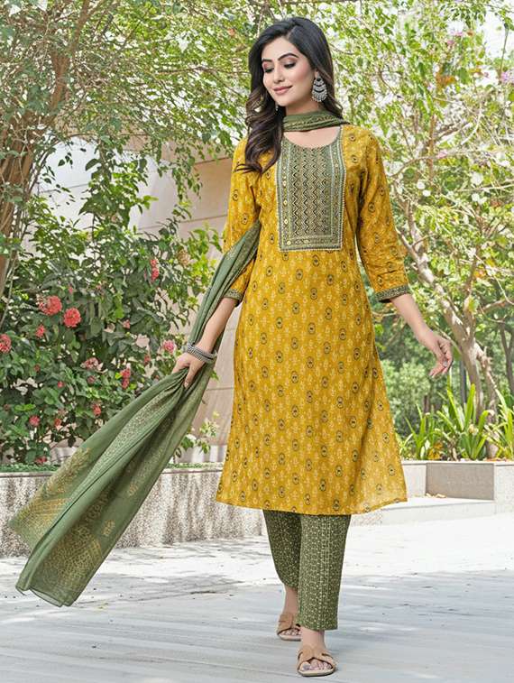 women  self design mustard suit set